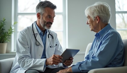 Experienced doctor consults senior woman patient using digital tablet. Physician discusses health data, medical info with elderly lady. Older woman listens to healthcare advice from male medic during