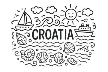 Croatian Coast Doodle. Doodle croatian coast with ships, seashells, and suns, center word &ldquo;Croatia&rdquo; in black and white isolated