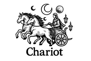 Naklejka premium Chariot with Moons. Hand-drawn chariot with moons, horses, and lanterns, center word “Chariot” in black and white isolated