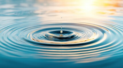 Water Droplet Creating Ripples on Calm Surface with Beautiful Sunset Reflections in Background for Nature and Tranquility Themes