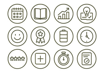 Line Style Reflection Icons. Line style round icons of review and reflection: weekly recap, journal icon, stats chart, lessons