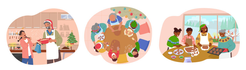 Family happily engaged in Christmas cookies preparation together at home kitchen cartoon scene