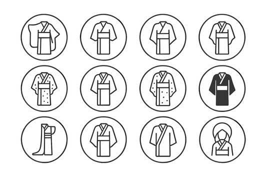 Kimono Styles Icons. Line style round icons of kimono types: furisode, tomesode, yukata, houmongi; komon, iromuji, uchikake,