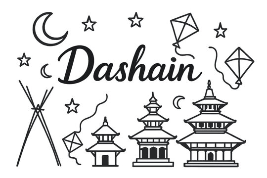Dashain with Kites. Hand-drawn nepal dashain with moons, kites, and temples, center word &ldquo;Dashain&rdquo; in black and white isolated