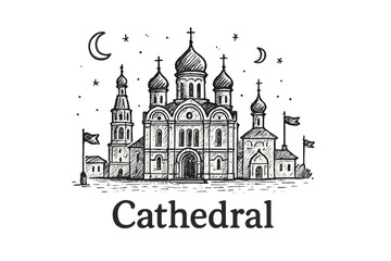 Obraz premium Cathedral Square Sketched. Hand-drawn cathedral square with moons, domes, and flags, center word “Cathedral” in black and white