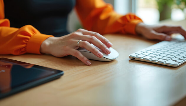Woman hands using computer mouse and keyboard on wooden desk. Female worker operating laptop in office. Person typing and clicking on computer. Business woman working remotely on laptop computer.