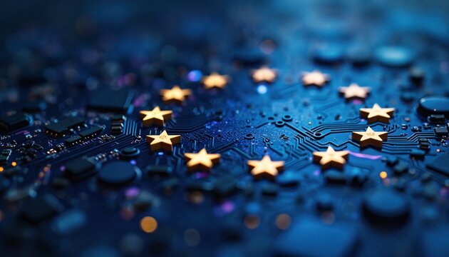 European Union digital network concept with gold stars on circuit board. AI regulation, tech, data, privacy, cyberspace policy themes integrated in electronic grid design. Innovation, governance.