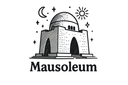 Quaid Mausoleum Art. Hand-drawn quaid mausoleum with moons, suns, and sparkles, center word &ldquo;Mausoleum&rdquo; in black and white