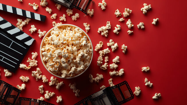 Popcorn in a bucket  and clapper-board on the red background.