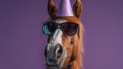 Portrait of a horse wearing sunglasses and a birthday hat.