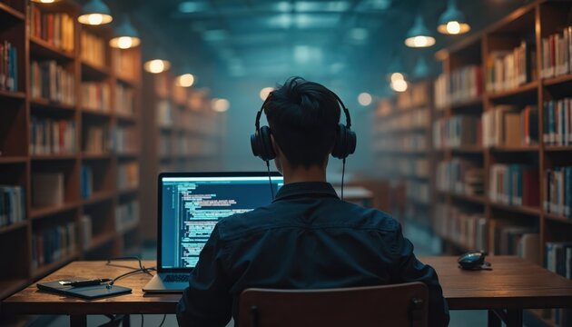 Man sits at desk in library studying on laptop. He wears headphones, codes on computer screen. Bookshelves surround him in quiet study space. Student focuses on digital work in academic environment. - Powered by Adobe