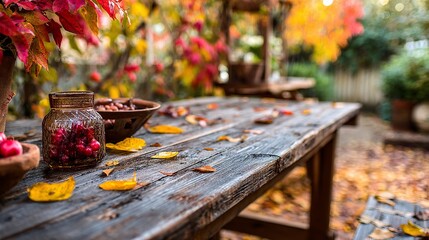Stunning autumn harvest display with rustic wooden table and vibrant fall foliage creating a cozy Thanksgiving atmosphere and seasonal abundance