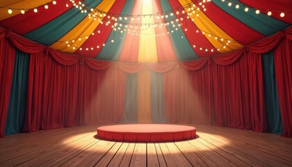 Colorful circus tent interior with red curtains and stage. Bright lights hang from ceiling. Empty round stage for performances at carnival or fair.
