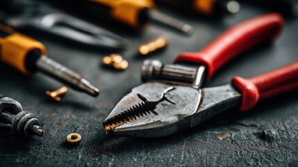 Focused view of pliers gripping a tiny screw during lens replacement blurred background with scattered repair instruments.