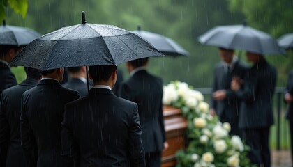 Men in black suits hold umbrellas, standing in heavy rain. Attend outdoor funeral ceremony. Coffin decorated with white flowers seen. Somber memorial service signifies grief, loss, respect for