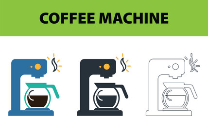 Coffee Maker Vector Illustration – Drip Coffee Machine Icons Highlighting Brewing and Heating Process, Modern Kitchen Appliance Art