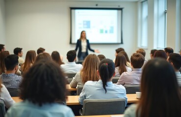 Students sit in classroom listening to teacher. Woman gives lecture to college students. People study in university auditorium. Pupils learn from female instructor. Group of young adults in classroom