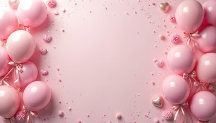 Pink balloons with ribbons and small hearts float on a pastel background. Confetti sparkles around the festive arrangement. Plenty of empty space for text overlay.