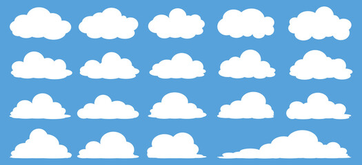 set of vector illustrations of clumpy clouds, cloud bubbles in flat style on a blue background