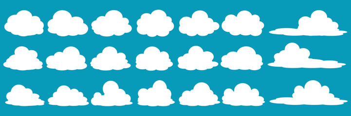 set of vector illustrations of clumpy clouds, cloud bubbles in flat style on a blue background