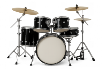 Black drum kit for musical performance on transparent background