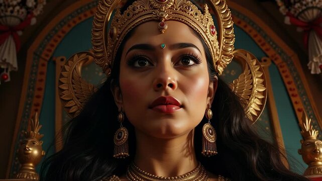 Unique Low Angle Shot Looking Up at Maa Durga's Powerful Face