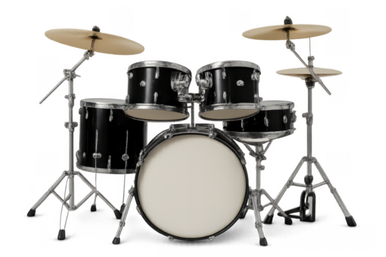 Black drum kit for musical performance on transparent background