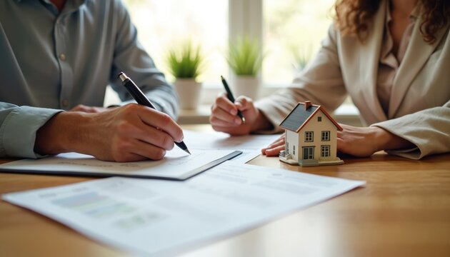 Man, woman sign official documents at office table. Closing real estate deal, buying new house. Pro agent assists with mortgage loan agreement for property ownership. People make significant