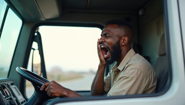 Tired black truck driver yawns, covering his mouth. He sits in vehicle cabin with steering wheel. Exhaustion, sleepiness affect road safety, transport. Long hours, fatigue of pro driver.