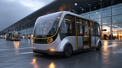 Obraz premium Selfdriving shuttle bus stationed at a modern airport terminal focused vehicle highlighting sleek design with passengers and airport activity softly blurred behind.