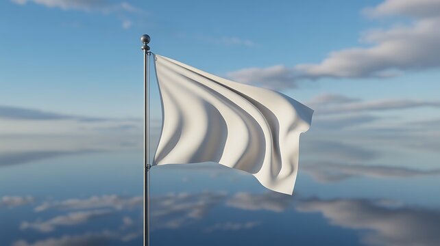 A white flag waving gently against a backdrop of a cloudy blue sky day