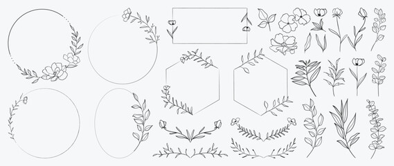 Set of line art, vintage, and different kinds of frame. Line art vector creative design with leaf and vintage