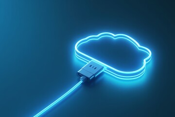 Glowing cloud icon with usb connection in blue light