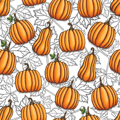 Pumpkin halloween pattern design with abstract leaf
