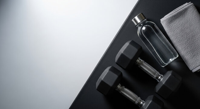 Fitness flat lay with dumbbells, water bottle, and towel on black surface. Flat lay includes essential workout items: weights and hydration bottle alongside soft towel for post-exercise.