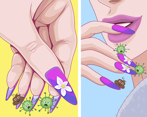 Dirt under the nails. Nail biting is a bad habit. Long nails can cause health risks. Self-care. Personal hygiene.