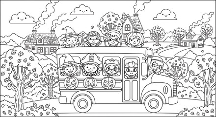 Naklejka premium A coloring page of children in halloween costumes riding a bus through a rural autumn landscape