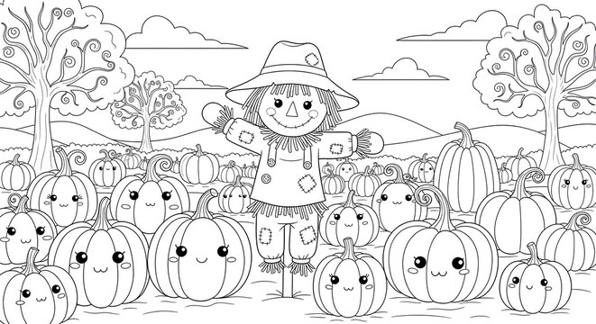 A black and white illustration of a scarecrow surrounded by pumpkins in a field with trees