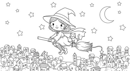 A cartoon witch with a cat flying on a broom over a town under a starry moonlit sky coloring page