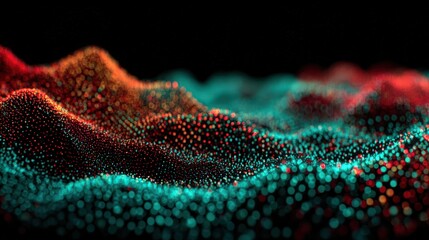 Colorful dots form a dynamic and abstract landscape, resembling waves in motion. The scene is illuminated with bright reds and blues against a dark background, creating a striking visual effect.