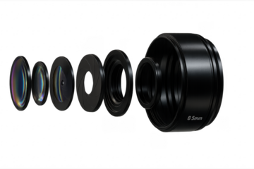 Camera lens optical elements and aperture exploded on transparent background