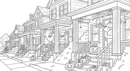 Obraz premium Houses decorated for halloween with pumpkins ghosts and spiderwebs in black and white line art