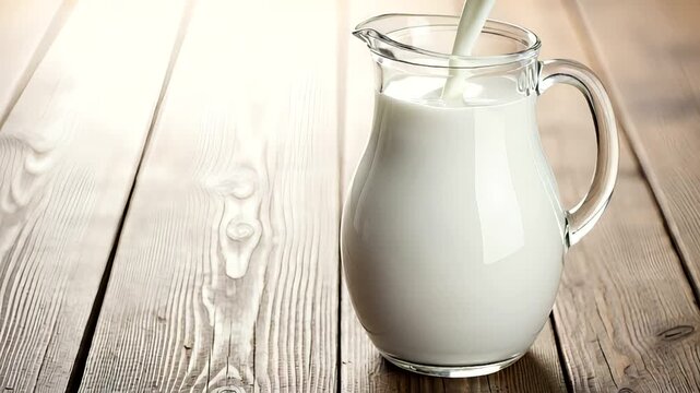 Pouring fresh milk into a glass pitcher on a wooden table, soft light