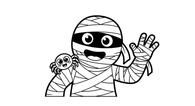 Cartoon mummy waving with a spider on his shoulder in black and white illustration style design