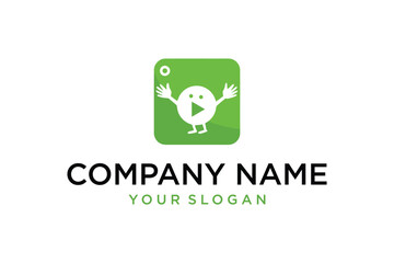 Cheerful White Cartoon Character with Play Button in Green Rounded Square Logo for Video App