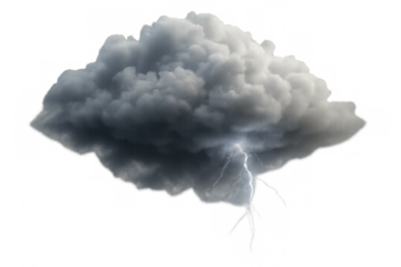 Dark gray thundercloud generating powerful lightning bolt representing bad weather, disaster, danger, and meteorology, transparent background