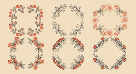 Botanical berry and floral wreath frame collection