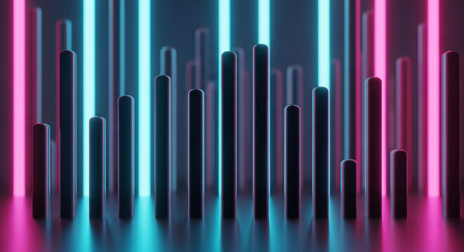 Abstract neon light bars displaying digital data