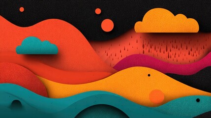 Obraz premium This artwork features a vivid landscape with abstract mountains and clouds.