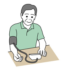 血圧を測定する高齢男性の健康管理イラスト